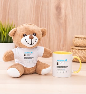 Kişiye Özel Twitter Tasarım Fotoğraflı Peluş Ayı ve Sarı Kupa
