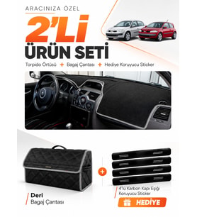 RENAULT MEGANE 2 KÜÇÜK EKRANLI (2002-2009) Uyumlu Torpido Örtüsü + Deri Bagaj Çantası Seti - Siyah Gri