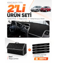 RENAULT MEGANE 2 KÜÇÜK EKRANLI (2002-2009) Uyumlu Torpido Örtüsü + Deri Bagaj Çantası Seti - Siyah Gri