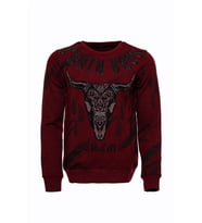 Bordo Taşlı Baskılı Bisiklet Yaka Sweatshirt - Wessi