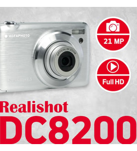 Realishot DC8200 fotoğraf makinesi, dijital kamera, kompakt, 18 MP, Full HD, LCD ekran, 2,7 inç, optik zoom, 8 x lityum pil ve SD kart 16 GB, gümüş