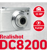 Realishot DC8200 fotoğraf makinesi, dijital kamera, kompakt, 18 MP, Full HD, LCD ekran, 2,7 inç, optik zoom, 8 x lityum pil ve SD kart 16 GB, gümüş