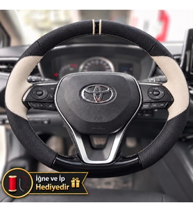 Toyota Corolla E210 Dikme Direksiyon Kılıfı Delikli Deri Parlak Siyah Bej Detay Çift Yüzük ve Dikiş 2018-2026