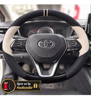 Toyota Corolla E210 Dikme Direksiyon Kılıfı Delikli Deri Parlak Siyah Bej Detay Çift Yüzük ve Dikiş 2018-2026