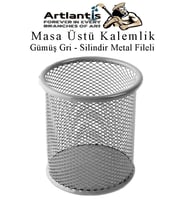 Gümüş Gri Silindir Masa Üstü Kalemlik 1 Adet Metal Fileli Renkli Perforeli Yuvarlak Kalemlik Ofis Büro Okul