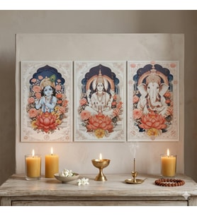 Bohem Hint Tanrıları Ahşap Tablo Serisi - 3 Parça Spiritüel Duvar Seti - Ganesha, Vishnu, Krishna
