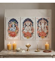 Bohem Hint Tanrıları Ahşap Tablo Serisi - 3 Parça Spiritüel Duvar Seti - Ganesha, Vishnu, Krishna