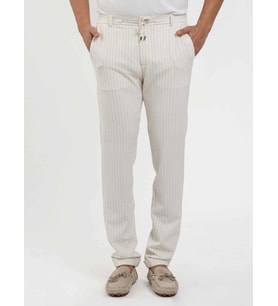 Ekru Erkek Slim Fit Çizgili Gofre Desenli Pantolon