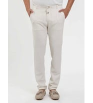 Ekru Erkek Slim Fit Çizgili Gofre Desenli Pantolon