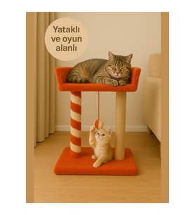 Peluş Dokulu Yumuşacık 2 Katlı Yataklı-oyun Alanlı Kedi Tırmalama Tahtası 55cm Soft Renkler