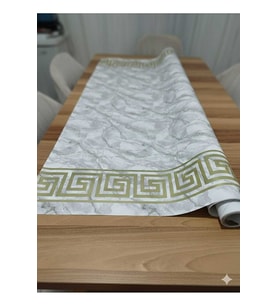 Masa Örtüsü Mermer Desen 140x100 cm Elyaf Tabanlı Yeni Model Masa örtüsü (Beyaz)