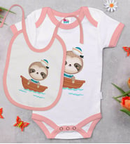 BK Kids Sevimli Denizci Tasarımlı Pembe Bebek Body Zıbın ve Mama Önlüğü Hediye Seti-1