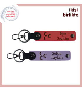 Eşe Anlamlı Hediye – Üç Hilal Temalı Kişisel Deri Anahtarlık Seti 2'li, Nar Çiçeği-Mor