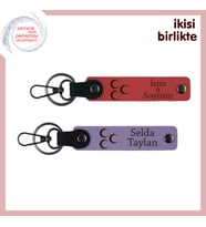 Eşe Anlamlı Hediye – Üç Hilal Temalı Kişisel Deri Anahtarlık Seti 2'li, Nar Çiçeği-Mor