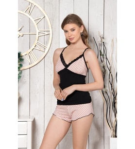 Kadın Askılı Puantiye Desenli Şortlu Kadın Pijama Takımı 451-Ş