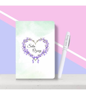 BK Gift Kişiye Özel Kalp Desenli Beyaz Defter Kalem Seti-1