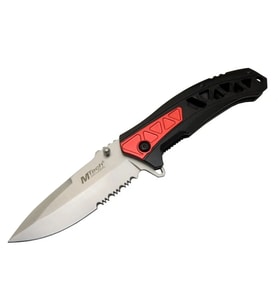 Mtech 4192 Kırmızı Kamp Çakı 21cm - Yarı Otomatik, Kemerlikli, Testere Detaylı, Desenli Sap