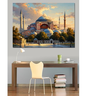 Gün Batımında Sultanahmet Camii Silüeti Dekoratif Kanvas - Mdf Ahşap Tablo