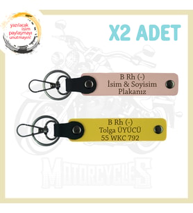 Yavruağzı-Sarı, Motorcu Dostlara, İsim Plaka ve B Rh (-) Yazılı Kişiselleştirilebilir x2 Anahtarlık
