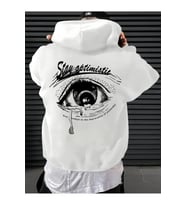 Unisex Oversize Stay Optimistic Göz Baskılı Hoodie – Minimal ve Modern Streetwear Sweatshirt (Beyaz)