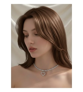 Tek Sıralı Kalp Figürlü Kristal Taşlı Choker Tasma Silver Renk Kolye (Gümüş)