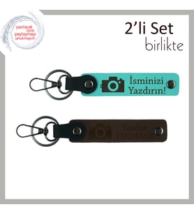 Deklanşörle Başlayan Yolculuk, İsme Özel Kamera Desenli Anahtarlık Takımı, Turkuaz-Koyu Kahve