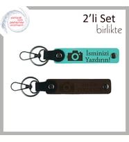 Deklanşörle Başlayan Yolculuk, İsme Özel Kamera Desenli Anahtarlık Takımı, Turkuaz-Koyu Kahve