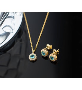 925 Ayar Gümüş Aralık Ayı Doğum Taşı ( Blue Topaz ) Kolye - Küpe Seti