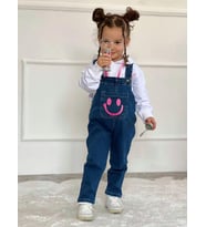 Kız Çocuk emojili Kot Tulum (Mavi)