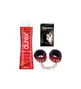 Durex Çilekli 50 ml Jel + Kırmızı Deri El Kelepçesi + Hediye