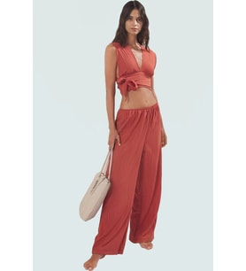 Yazlık Plaj Bluz Pantolon Takımı Dokuma Viskoz Polyester Oversize Rahat Kullanım (Kiremit)