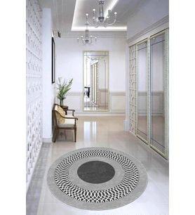 Gri Çerçeveli Kaymaz Tabanlı Yıkanabilir Yuvarlak Halı AR944 - 100 x 100 cm