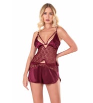 Primoda Bordo Saten Babydoll Şort Takımı 9118