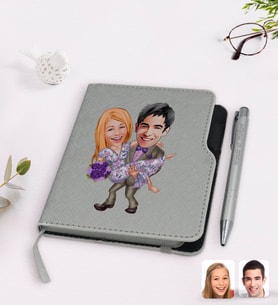 BK Gift Kişiye Özel Sevgililer Karikatürlü Gri Termo Deri Defter Kalem Seti-56