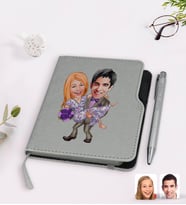 BK Gift Kişiye Özel Sevgililer Karikatürlü Gri Termo Deri Defter Kalem Seti-56