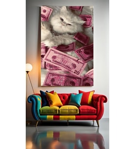PARA İÇİNDE YATAN KEDİ Ev Duvar Salon Güzellik Salonu Ofis Dükkan Dekarasyon Kanvas Tablo (Çok Renkli)