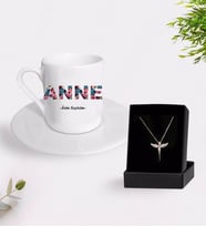 Kişiye Özel  Türk Kahve Fincanı Anne Ve İsim Tasarımlı Melek Kolye Set