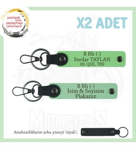 Motosiklet Aşıklarına Özel, İsim Plaka ve B Rh (-) Kan Grubu Yazılı x2 Anahtarlık, Yeşil-F Yeşil-Syh (Çok Renkli)