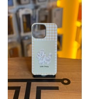 iPhone 15 Pro Max Uyumlu Özel Tasarım Sevimli Figürlü Deri Dokulu Telefon Kılıfı (Bej)