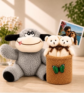 Kişiye Özel Fotoğraflı 2'li Peluş Ayıcık Buketi ve Peluş Eşek Hediye Seti