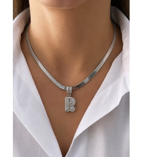 Premium Gümüş Renk Şık ve Parlak Taşlı 316L Çelik Silver R Harf Kolye (45cm)