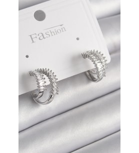 Pirinç Gümüş Renk 2'Li Zirkon Taşlı Halka Model Kadın Küpe 5886 - HPSBYI3307-4583