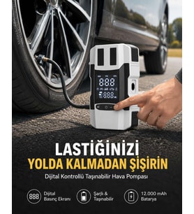 Araç Lastik Şişirme Pompası ve Akü Takviye Powerbank Bir Arada Yeni Nesil