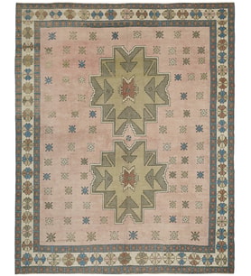 Toz Pembe Göbekli Geometrik Stil El Dokuma Salon Halısı Bordür Detaylı Pamuk Yün Karışımı Vintage