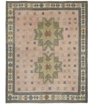 Toz Pembe Göbekli Geometrik Stil El Dokuma Salon Halısı Bordür Detaylı Pamuk Yün Karışımı Vintage