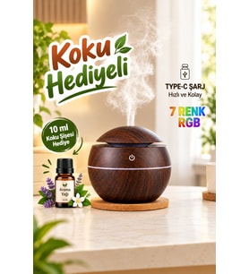 Şarjlı LED Işıklı Ultrasonik Hava Nemlendirici Buhurdanlık Ev ve Araç İçin USB Port Ceviz Renk Mini Boy Aromaterapi Difüzör