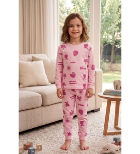 Deniz Temalı Pembe Renk %100 Pamuk Kız Çocuk Pijama Takımı