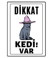 Dikkat Kedi Var Uyarı Ikaz Levhası Pvc Kaplama A4 Sarı Şapkalı (Çok Renkli)