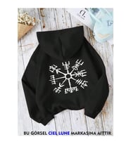 Unisex  Viking Pusula Vegvisir Baskılı Oversize Baskılı Kapşonlu Sweatshirt 3 Iplik (Siyah)