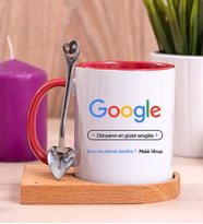 Kişiye Özel Google Tasarım Esprili Ahşap Altlıklı Kırmızı Kupa Bardak